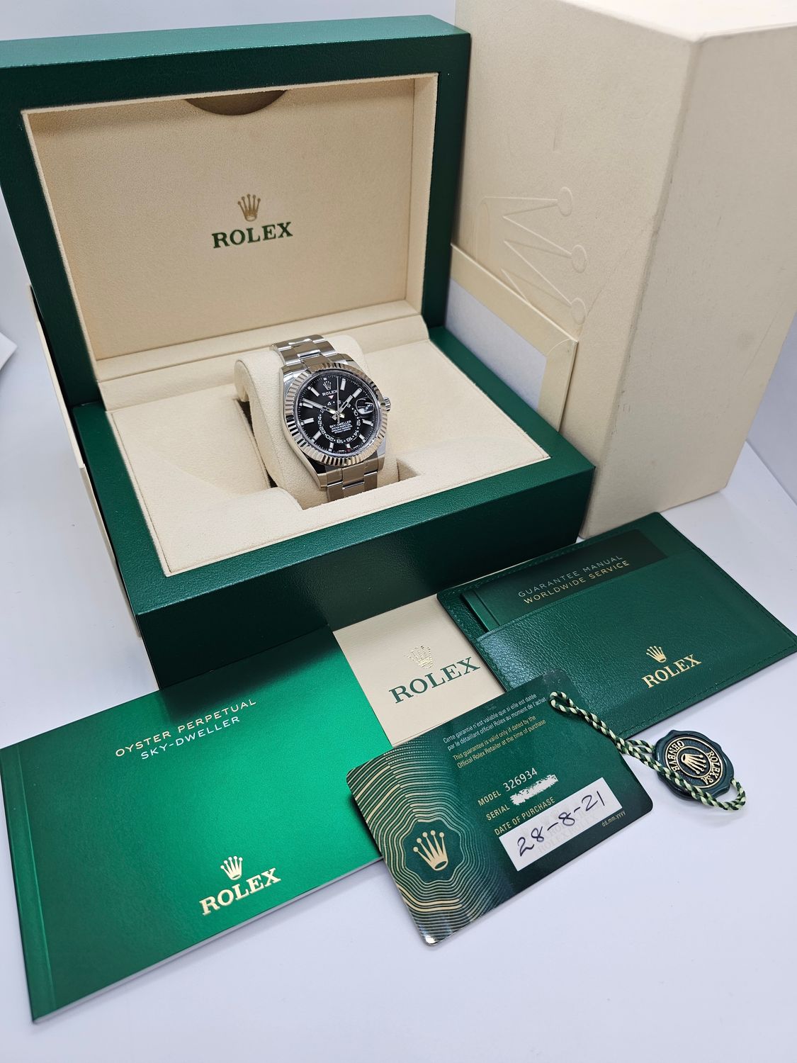 Rolex Sky-Dweller Ref 326934, Black Dial Oyster, 2021 Full Set, Some Stickers