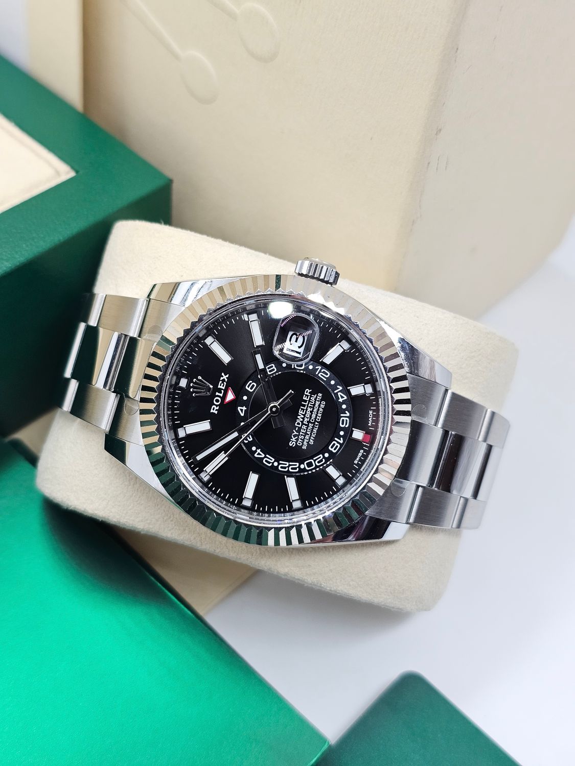 Rolex Sky-Dweller Ref 326934, Black Dial Oyster, 2021 Full Set, Some Stickers
