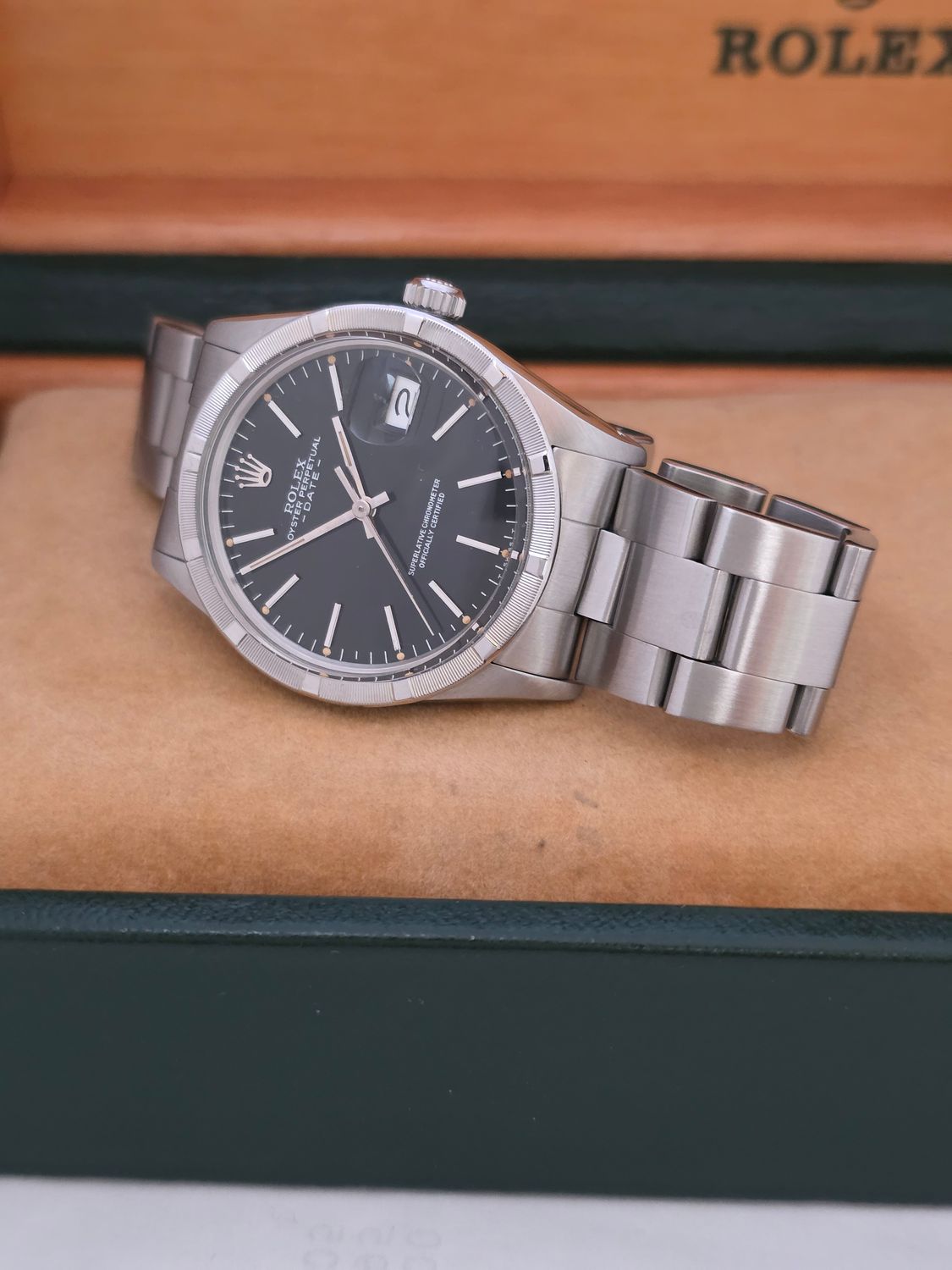 Rolex Oyster Perpetual Date 15010 - Rare Black 'Error' Dial - Box &amp; Booklets