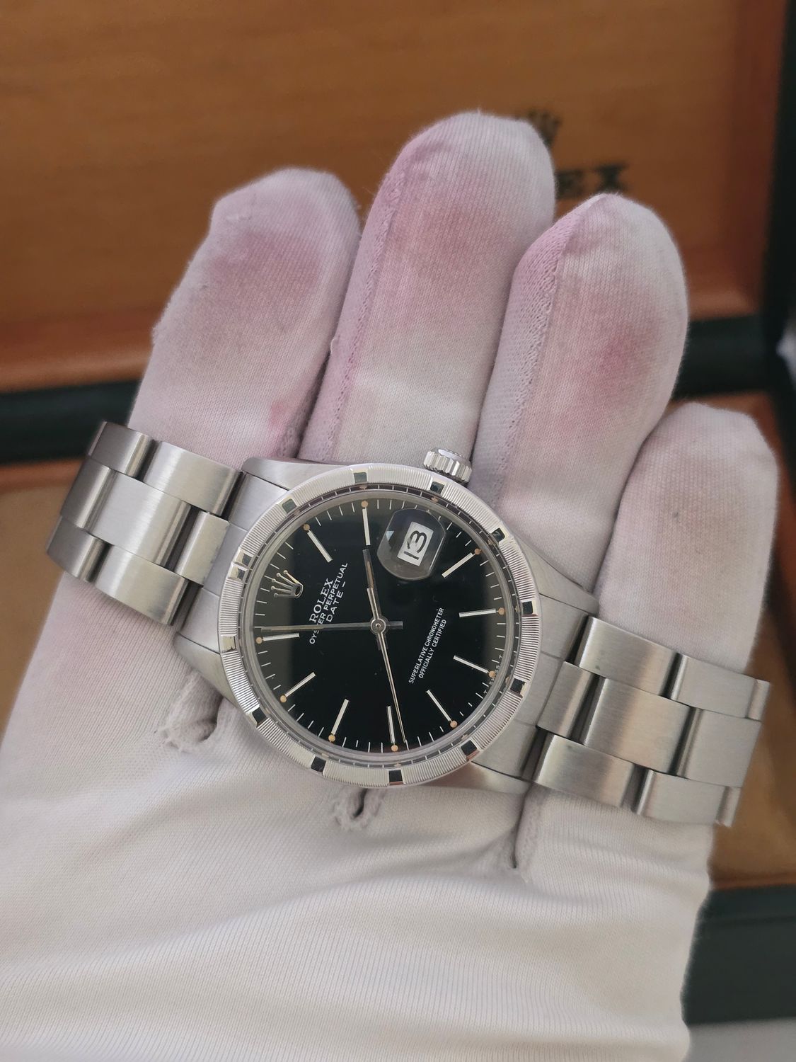 Rolex Oyster Perpetual Date 15010 - Rare Black 'Error' Dial - Box &amp; Booklets