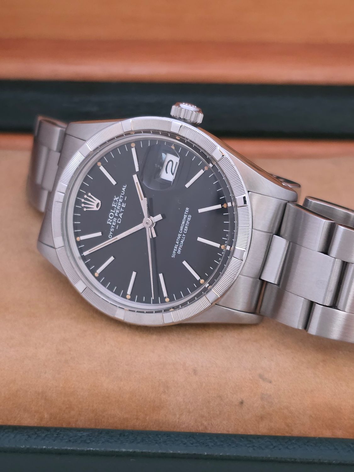 Rolex Oyster Perpetual Date 15010 - Rare Black 'Error' Dial - Box &amp; Booklets