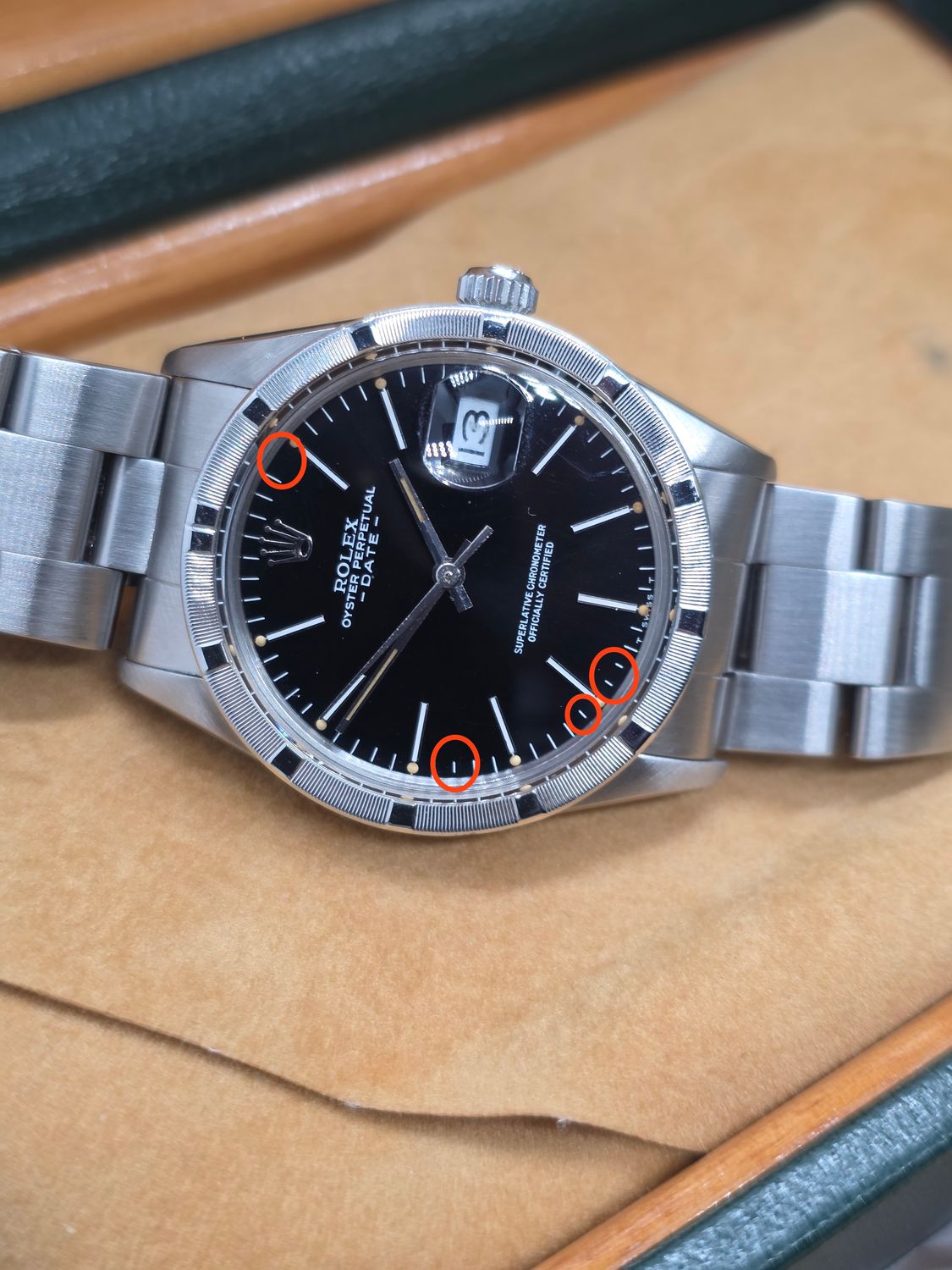 Rolex Oyster Perpetual Date 15010 - Rare Black 'Error' Dial - Box &amp; Booklets