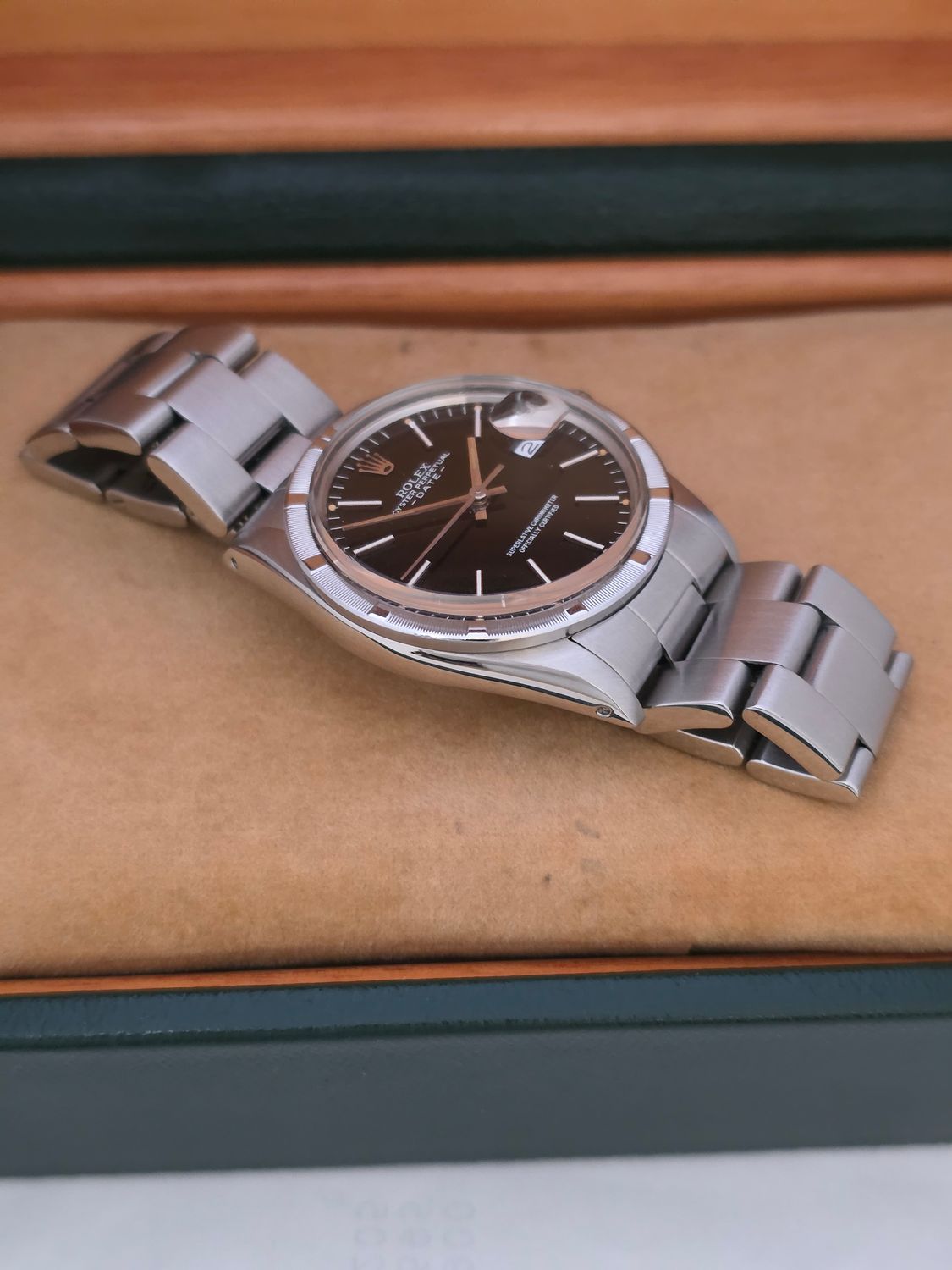 Rolex Oyster Perpetual Date 15010 - Rare Black 'Error' Dial - Box &amp; Booklets