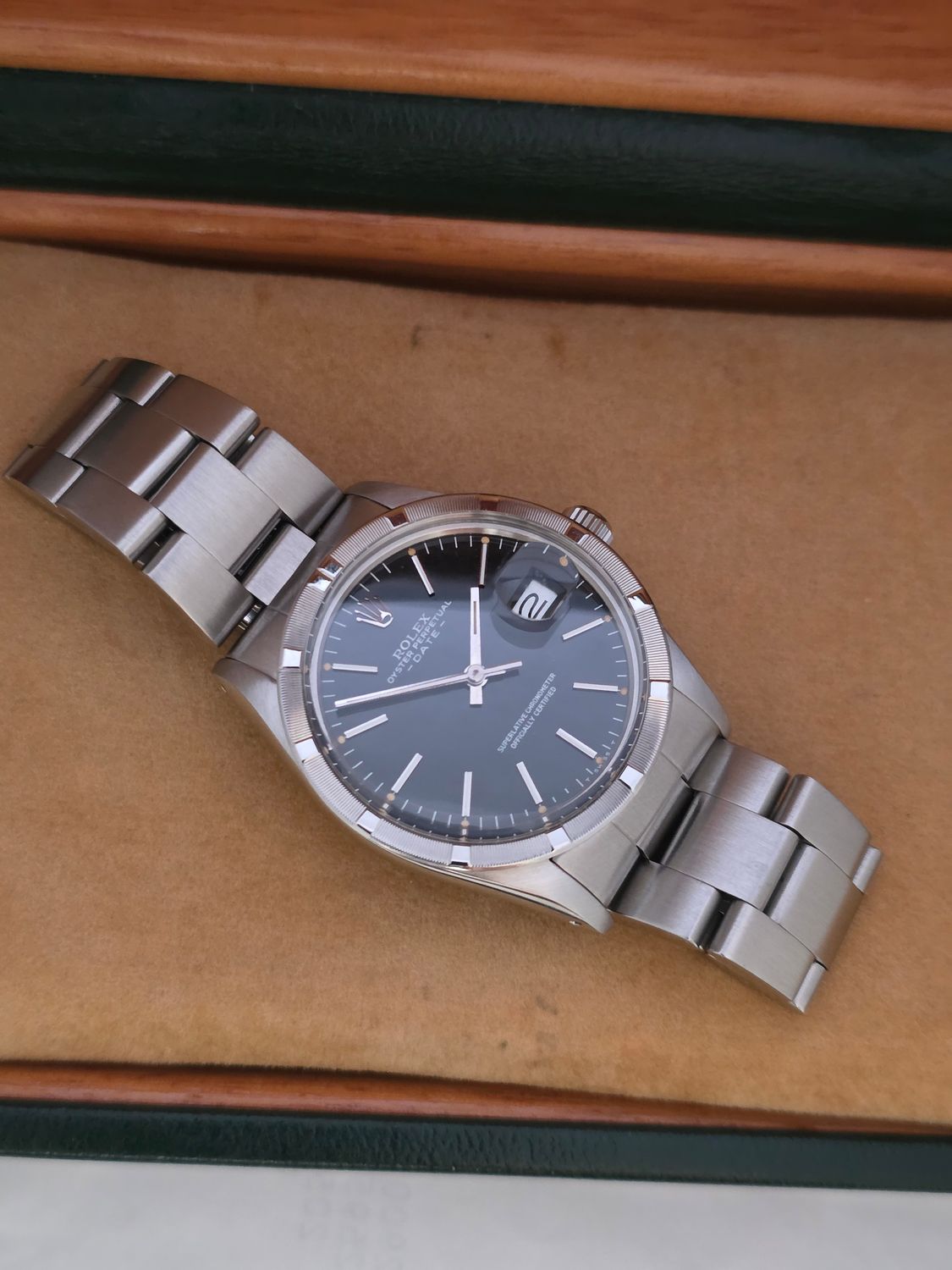 Rolex Oyster Perpetual Date 15010 - Rare Black 'Error' Dial - Box &amp; Booklets