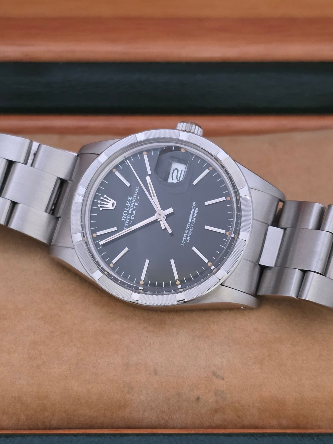 Rolex Oyster Perpetual Date 15010 - Rare Black 'Error' Dial - Box &amp; Booklets