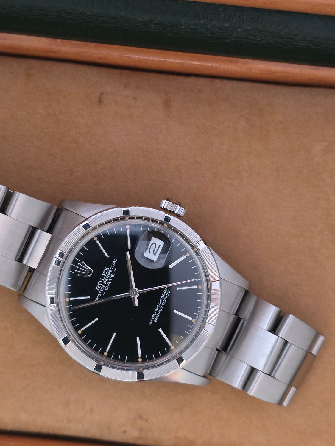 Rolex Oyster Perpetual Date 15010 - Rare Black 'Error' Dial - Box &amp; Booklets