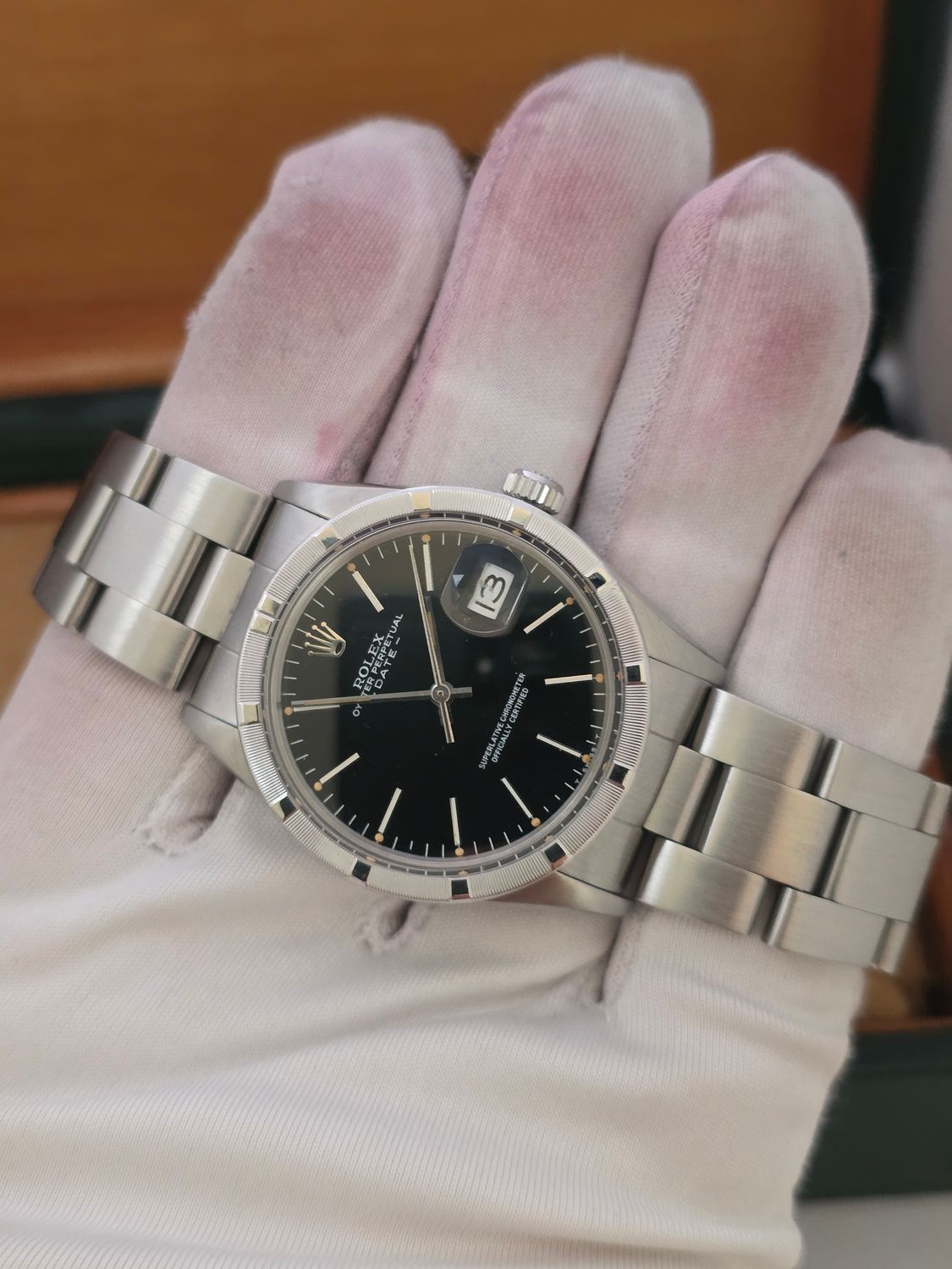 Rolex Oyster Perpetual Date 15010 - Rare Black 'Error' Dial - Box &amp; Booklets