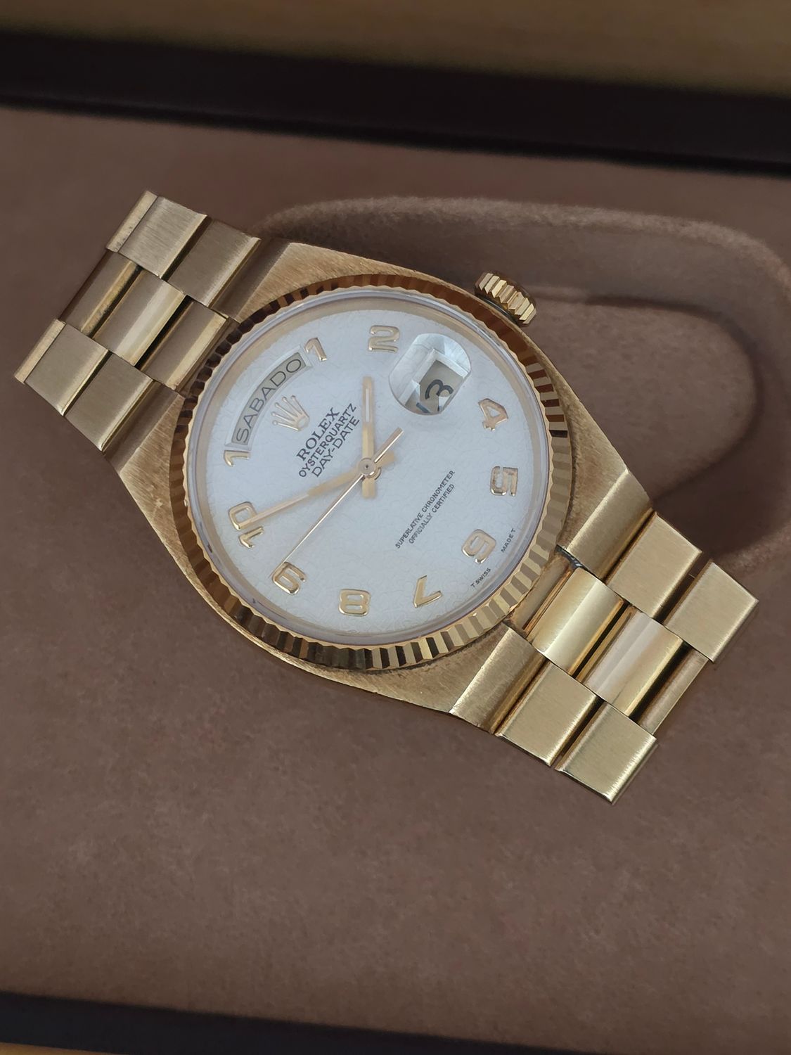 Rolex Day-Date Oysterquartz 19018, Box/Papers, Rare Dial Orig Receipt &amp; Sticker