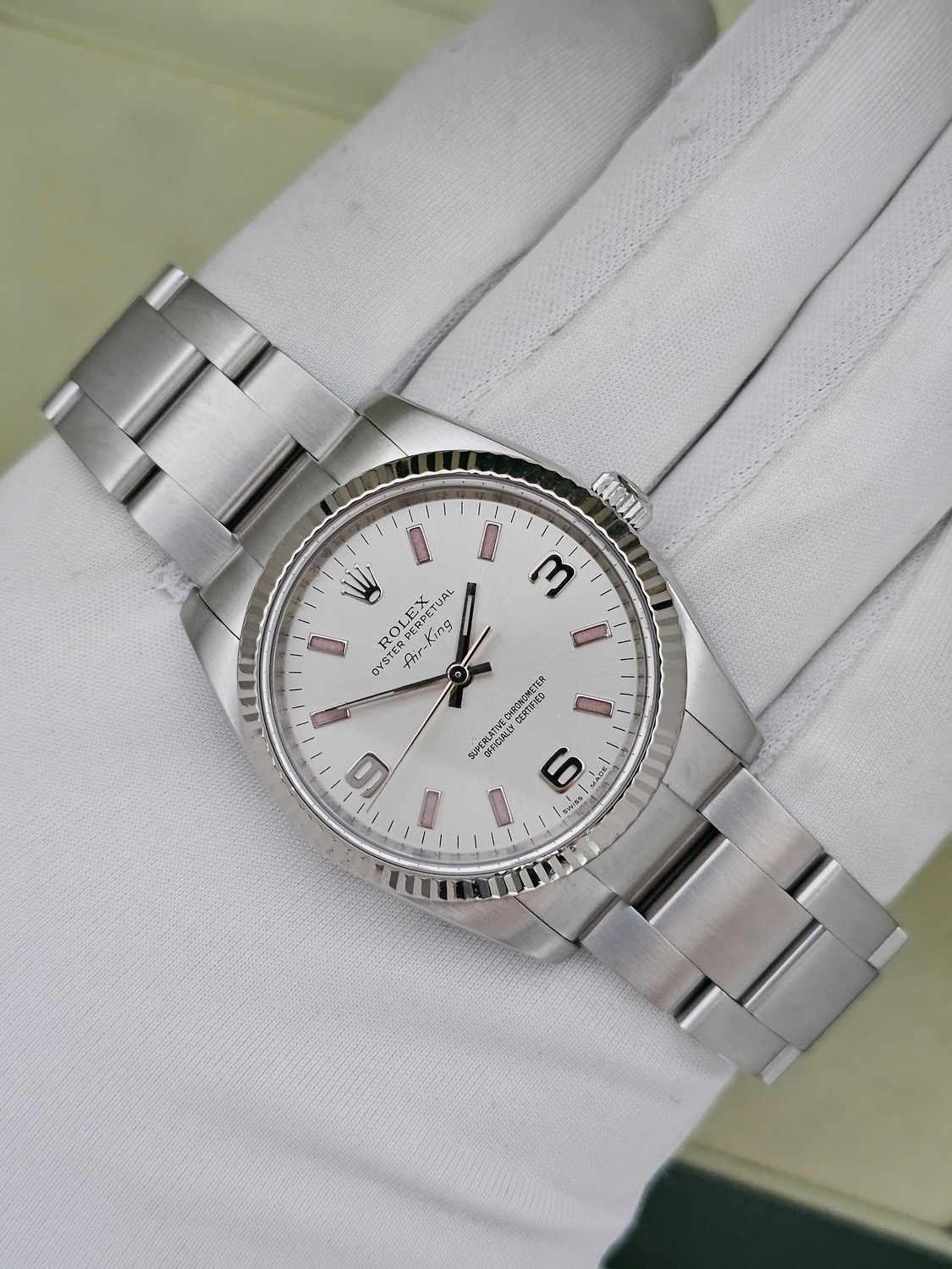 Rolex Airking Watch, Ref 114234 2012 Box &amp; Papers with Arabic 3,6,9 Silver Dial