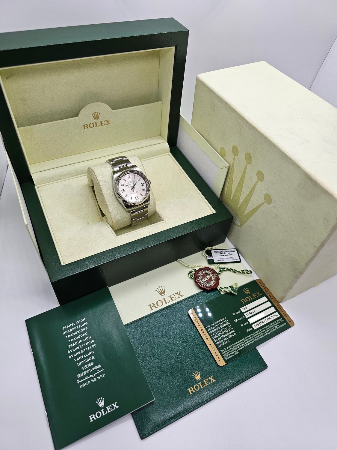 Rolex Airking Watch, Ref 114234 2012 Box &amp; Papers with Arabic 3,6,9 Silver Dial
