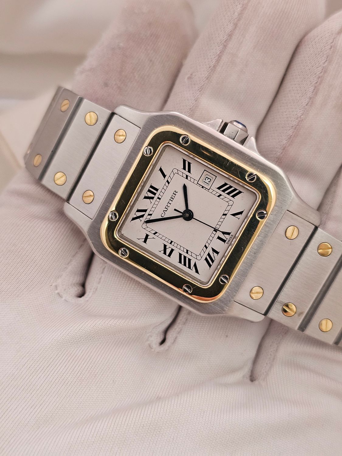 Cartier Santos Carree, White Dial Steel &amp; Gold Watch, Ref 2961