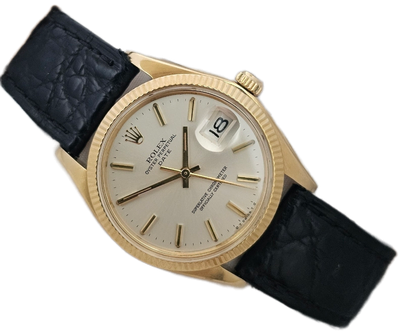 Rolex Date 1503 Silver Sigma Dial 34mm, 18k Gold Fluted Bezel & Case Rolex Date 1503 Silver Sigma Dial 34mm, 18k Gold Fluted Bezel & Case