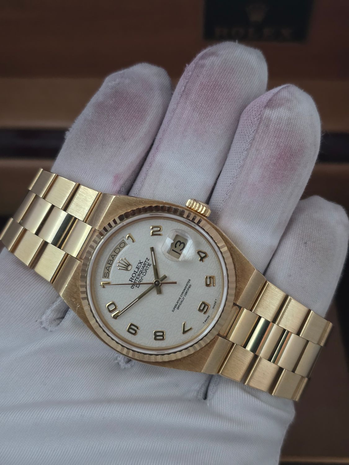 Rolex Day-Date Oysterquartz 19018, Box/Papers, Rare Dial Orig Receipt &amp; Sticker