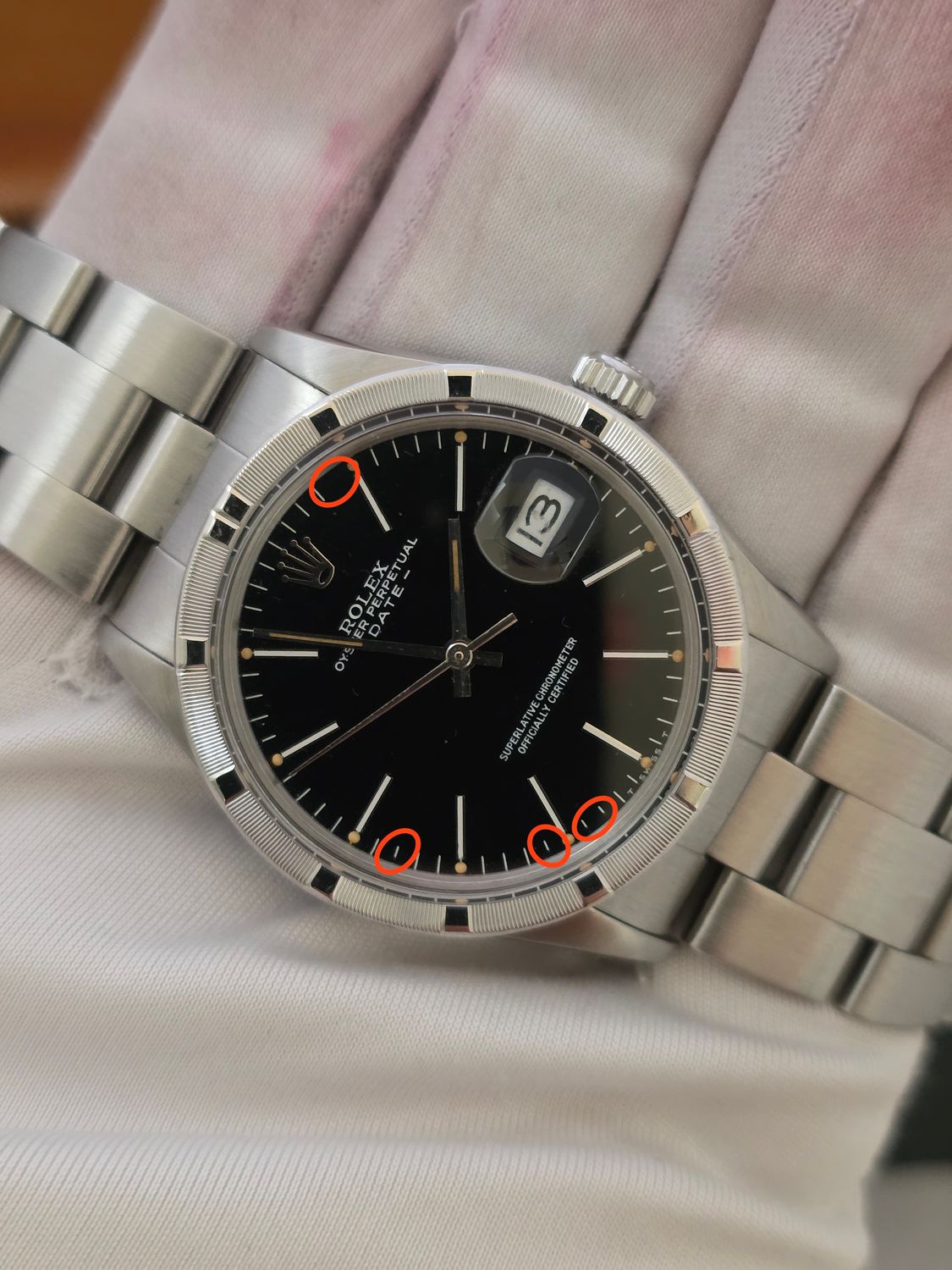 Rolex Oyster Perpetual Date 15010 - Rare Black 'Error' Dial - Box &amp; Booklets