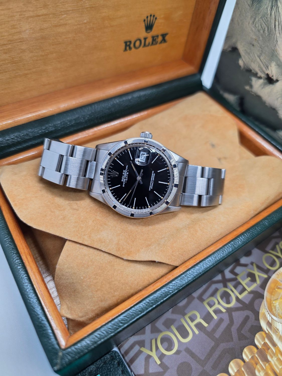 Rolex Oyster Perpetual Date 15010 - Rare Black 'Error' Dial - Box &amp; Booklets