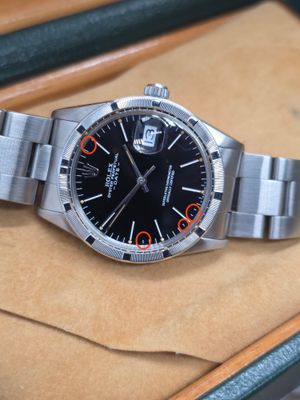 Rolex Oyster Perpetual Date 15010 - Rare Black 'Error' Dial - Box &amp; Booklets