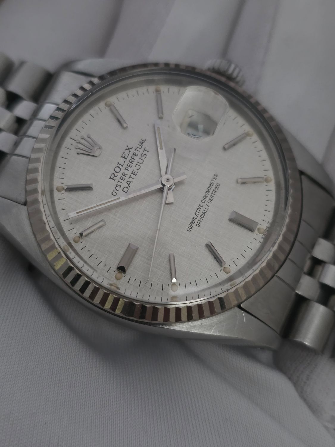 Rolex Datejust 16014 Silver Linen Dial, 36mm 1987 Full Set, Original Receipt