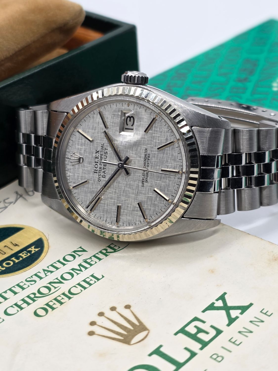 Rolex Datejust 16014 Silver Linen Dial, 36mm 1978 Box &amp; Papers