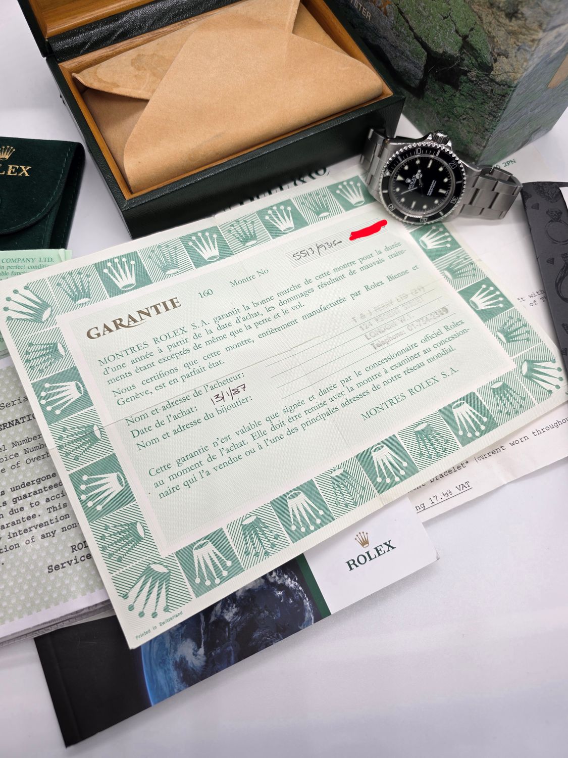 Rolex Submariner 5513 Black Watch, 1987 Full Set, Collectors Set