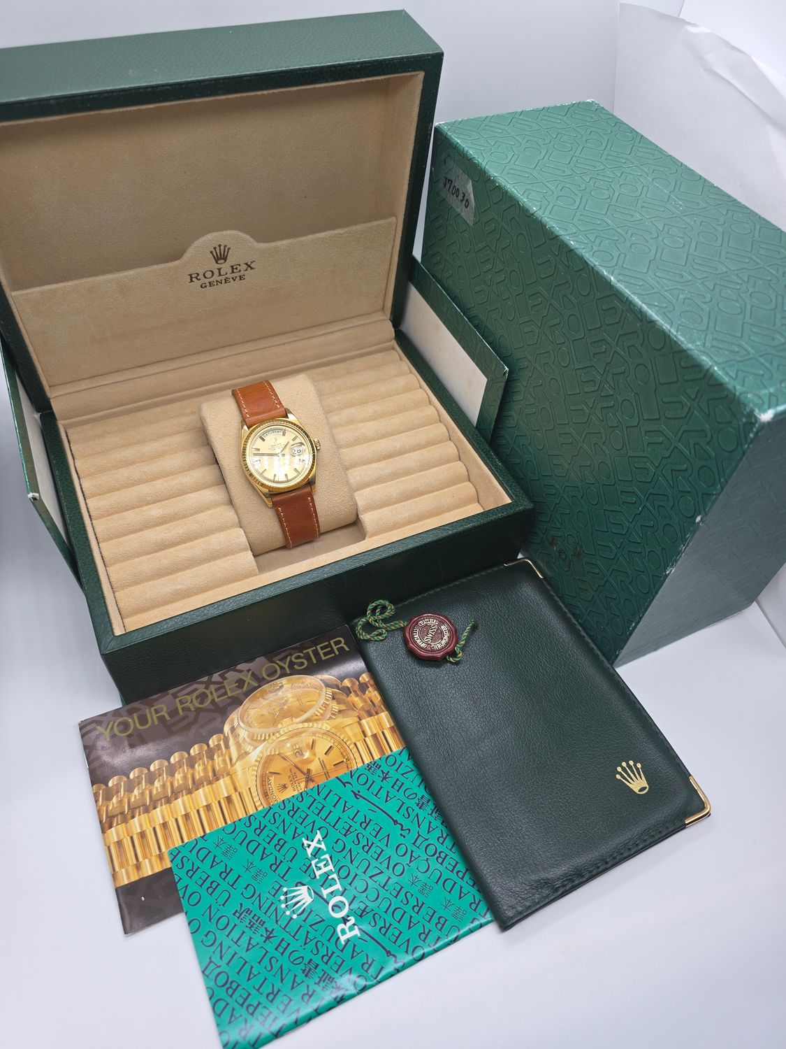 Rolex DayDate 1803 36mm, 18K Gold, Rare WideBoy Dial, Circa 1969 Box &amp; Booklets