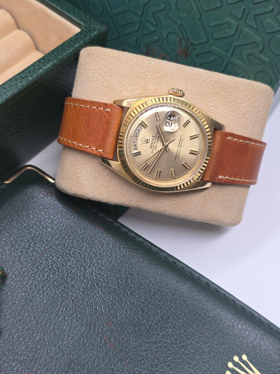 Rolex DayDate 1803 36mm, 18K Gold, Rare WideBoy Dial, Circa 1969 Box &amp; Booklets