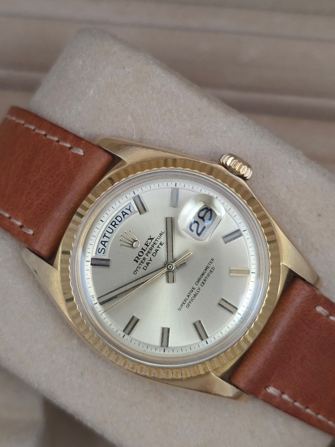 Rolex DayDate 1803 36mm, 18K Gold, Rare WideBoy Dial, Circa 1969 Box &amp; Booklets