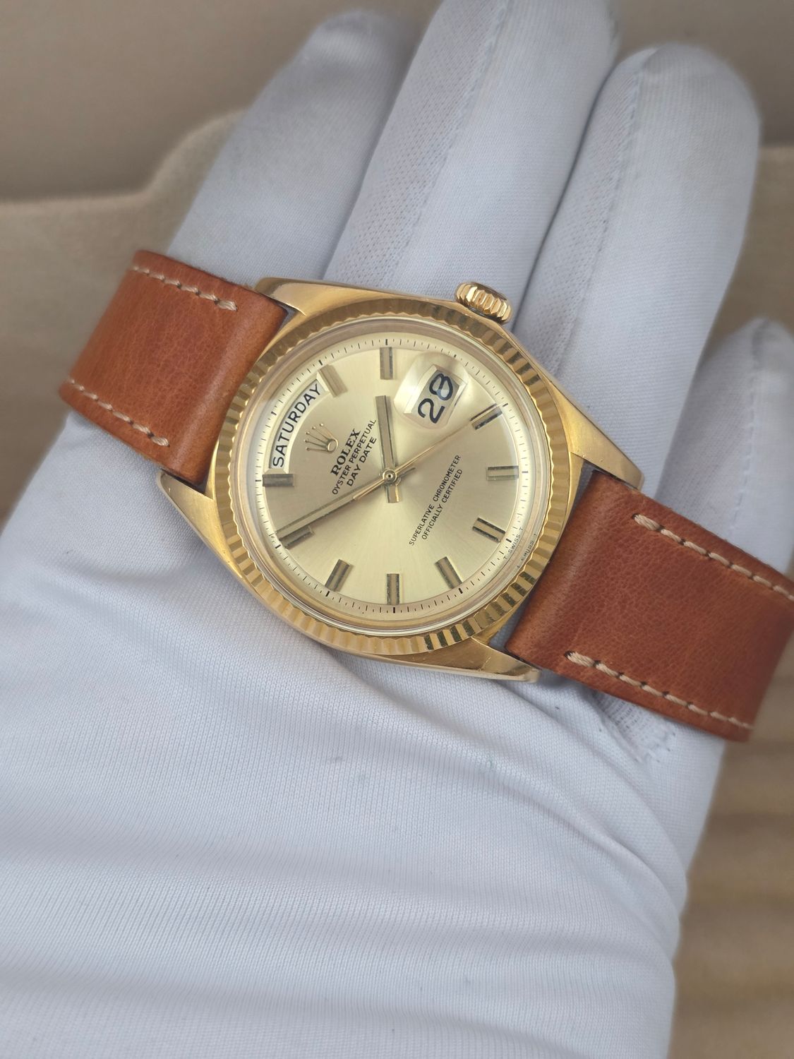 Rolex DayDate 1803 36mm, 18K Gold, Rare WideBoy Dial, Circa 1969 Box &amp; Booklets