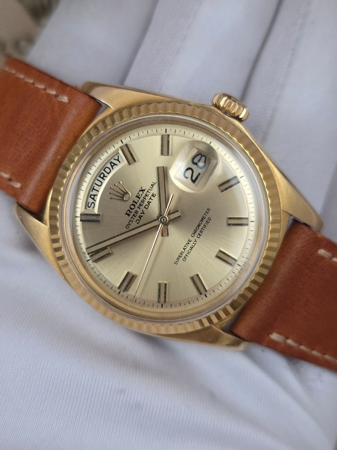 Rolex DayDate 1803 36mm, 18K Gold, Rare WideBoy Dial, Circa 1969 Box &amp; Booklets