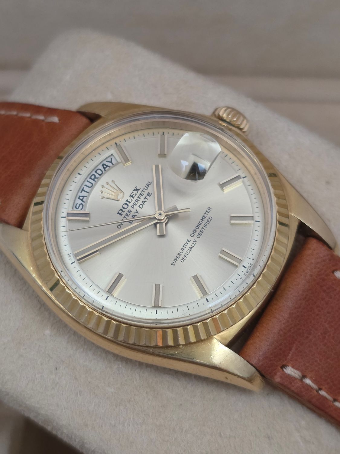 Rolex DayDate 1803 36mm, 18K Gold, Rare WideBoy Dial, Circa 1969 Box &amp; Booklets