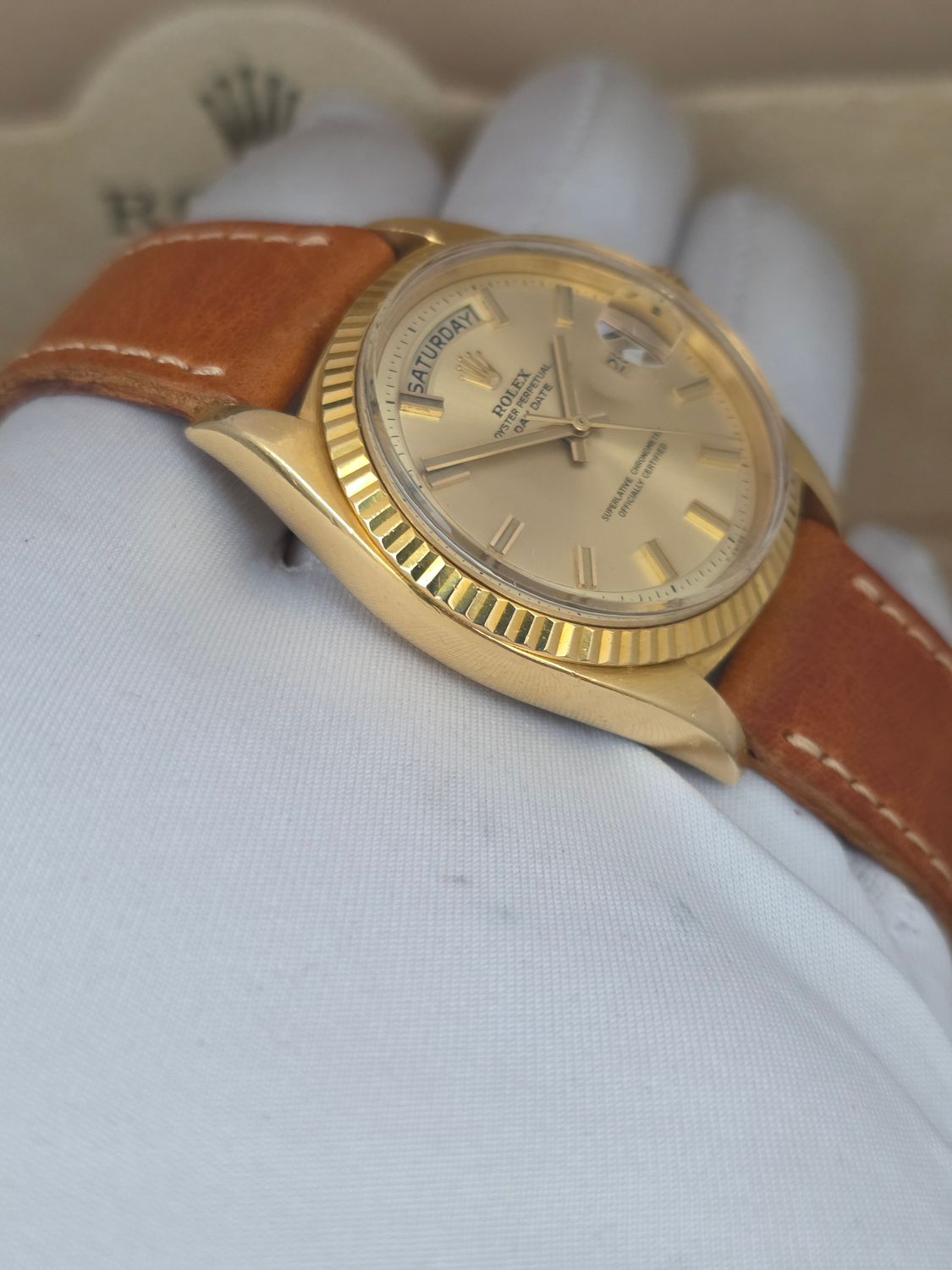 Rolex DayDate 1803 36mm, 18K Gold, Rare WideBoy Dial, Circa 1969 Box &amp; Booklets