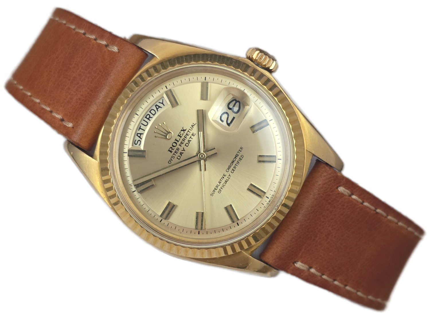 Rolex DayDate 1803 36mm, 18K Gold, Rare WideBoy Dial, Circa 1969 Box &amp; Booklets