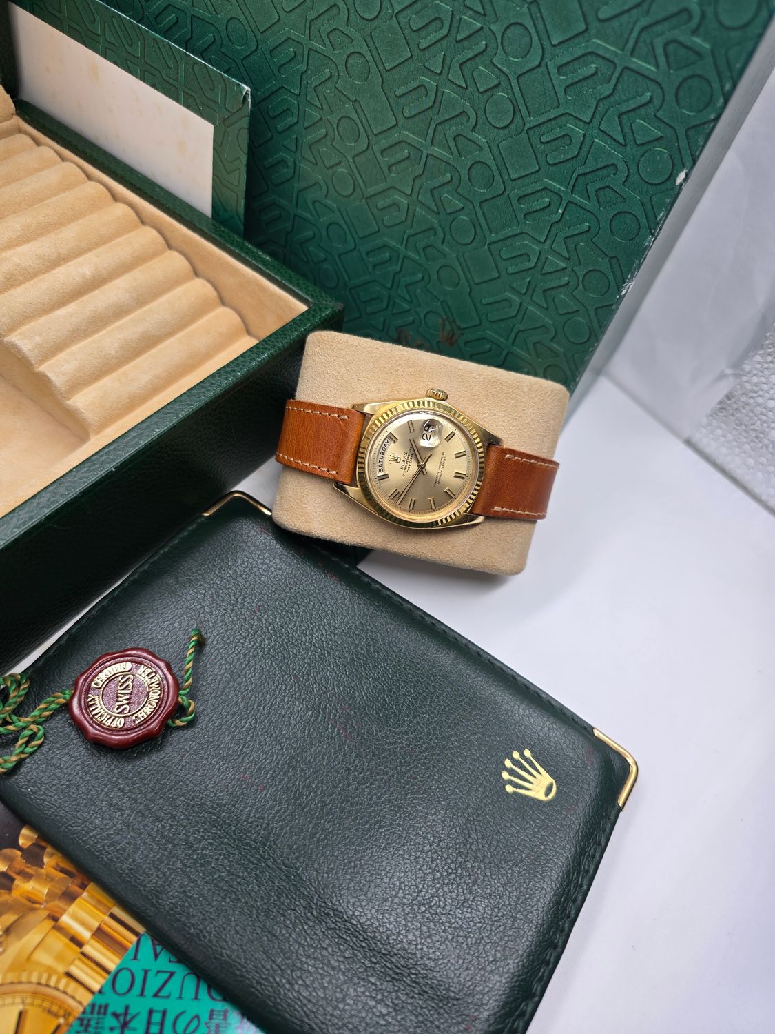 Rolex DayDate 1803 36mm, 18K Gold, Rare WideBoy Dial, Circa 1969 Box &amp; Booklets
