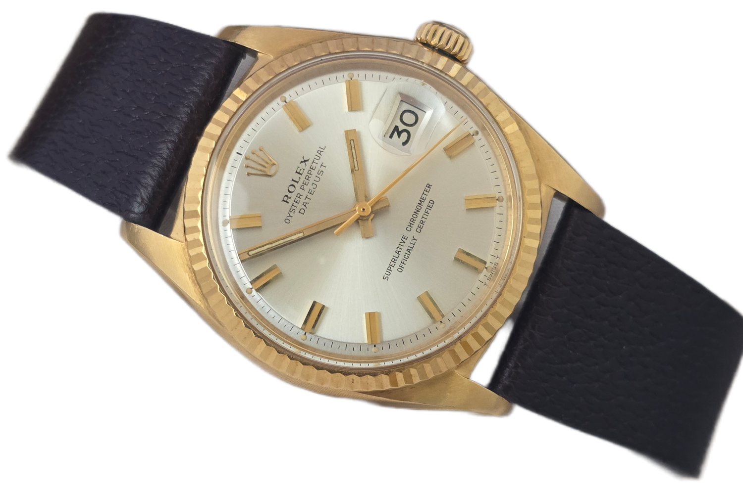 Rolex Datejust Ref 1601 36mm, 1972 Solid 18k Gold, Rare Silver 'Wideboy' Dial