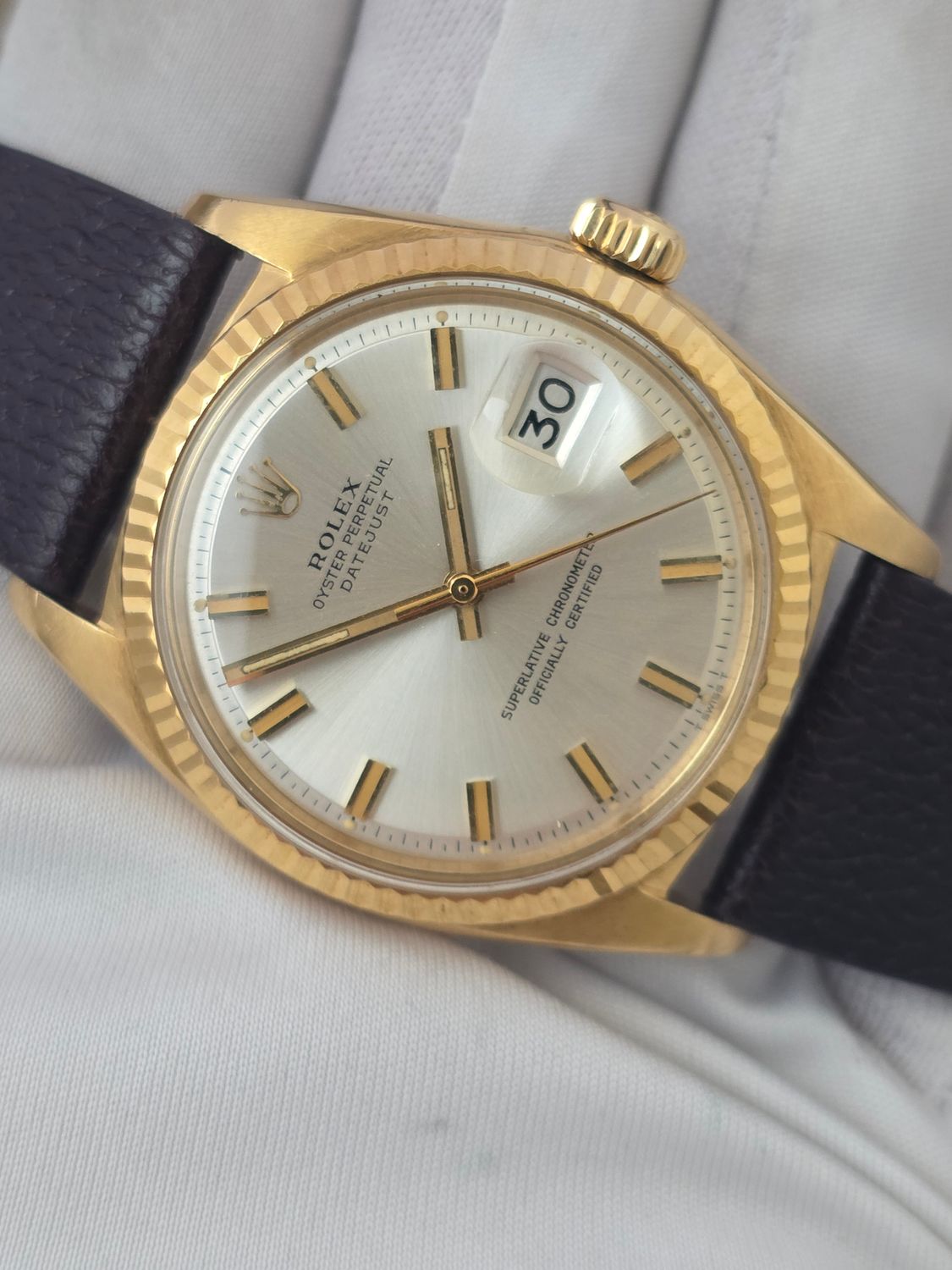 Rolex Datejust Ref 1601 36mm, 1972 Solid 18k Gold, Rare Silver 'Wideboy' Dial