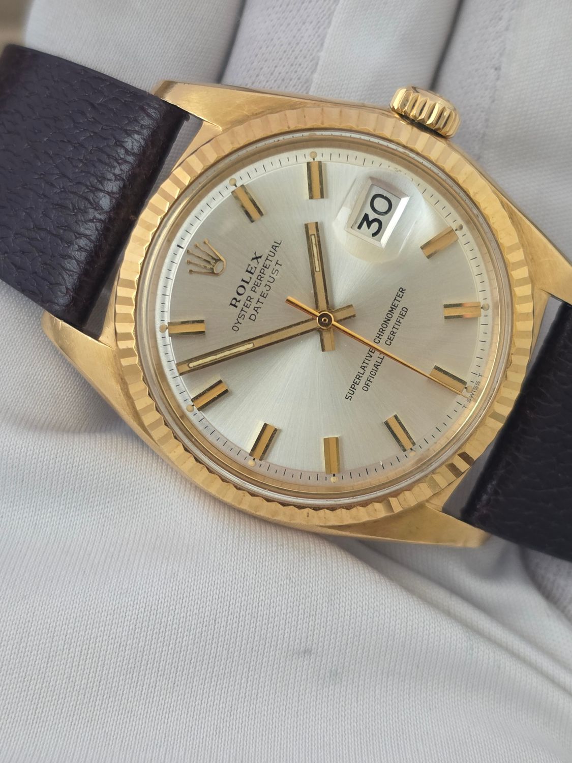 Rolex Datejust Ref 1601 36mm, 1972 Solid 18k Gold, Rare Silver 'Wideboy' Dial