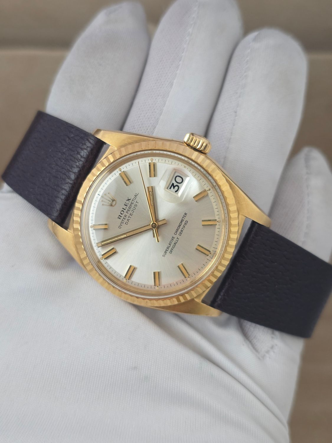 Rolex Datejust Ref 1601 36mm, 1972 Solid 18k Gold, Rare Silver 'Wideboy' Dial