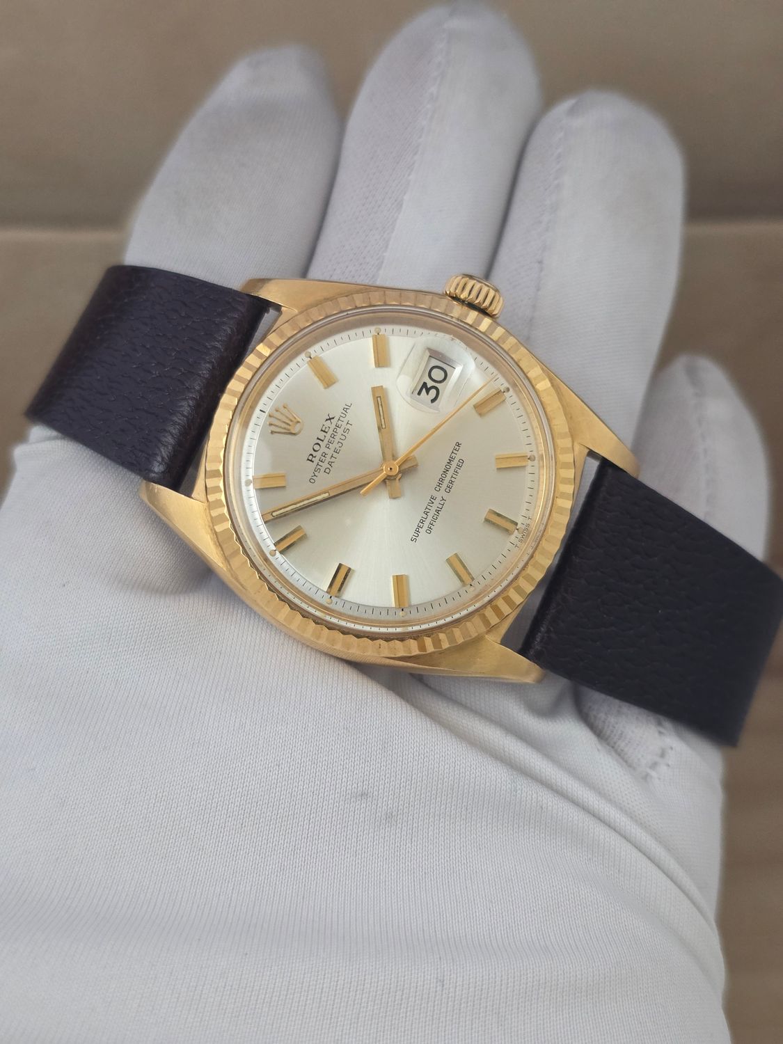 Rolex Datejust Ref 1601 36mm, 1972 Solid 18k Gold, Rare Silver 'Wideboy' Dial