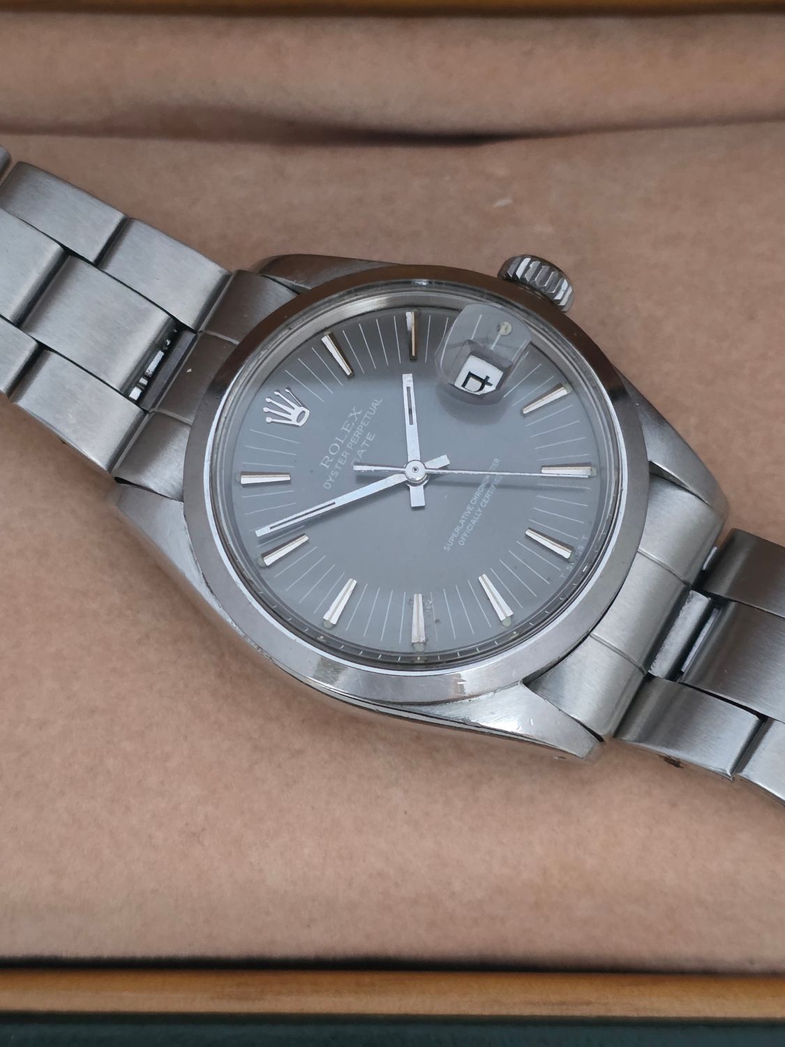 Rolex Oyster Perpetual Date Ref 1500 Rare Grey 'Rail Dial', Circa 1971