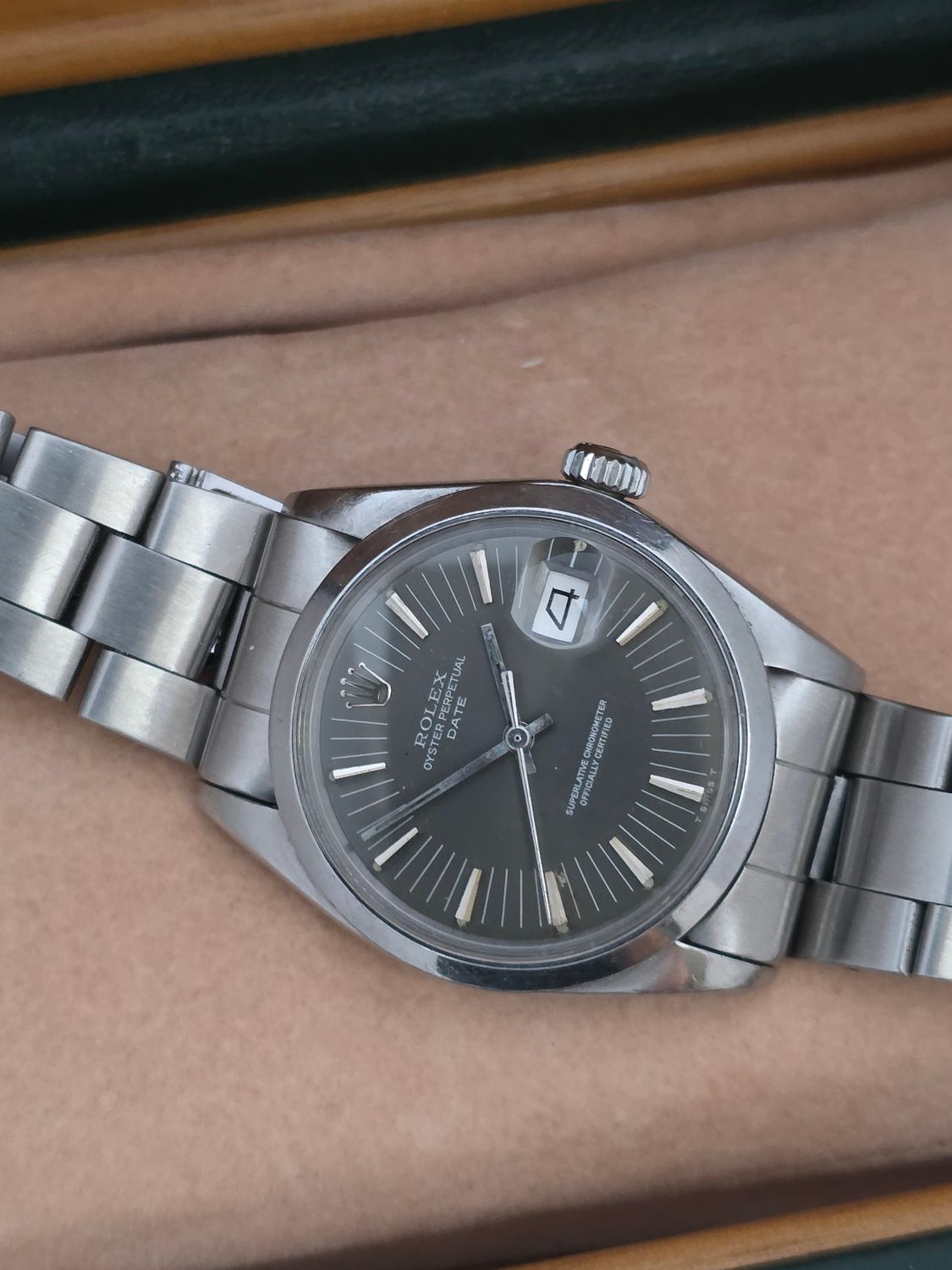 Rolex Oyster Perpetual Date Ref 1500 Rare Grey 'Rail Dial', Circa 1971