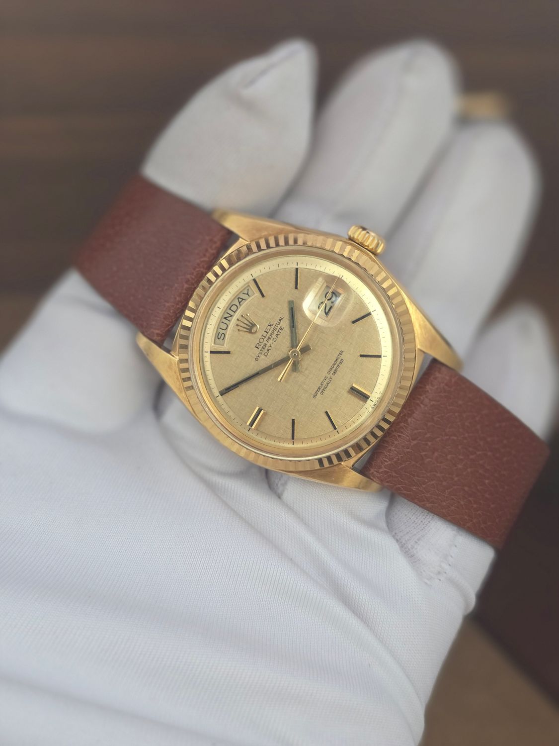 Rolex DayDate 1803 36mm, 18K Gold, Linen Dial, Circa 1972 Box &amp; Booklets