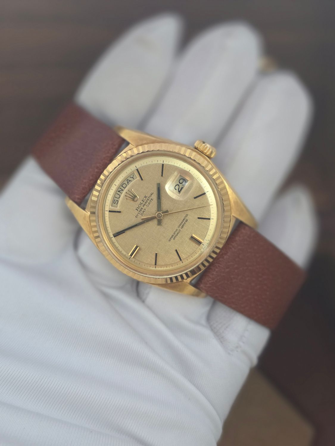 Rolex DayDate 1803 36mm, 18K Gold, Linen Dial, Circa 1972 Box &amp; Booklets
