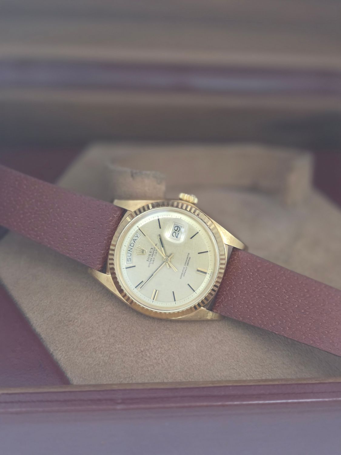 Rolex DayDate 1803 36mm, 18K Gold, Linen Dial, Circa 1972 Box &amp; Booklets