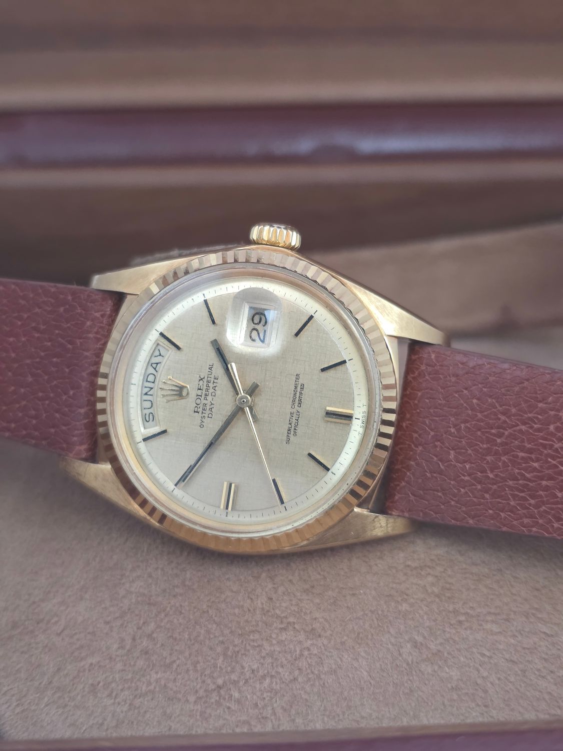 Rolex DayDate 1803 36mm, 18K Gold, Linen Dial, Circa 1972 Box &amp; Booklets
