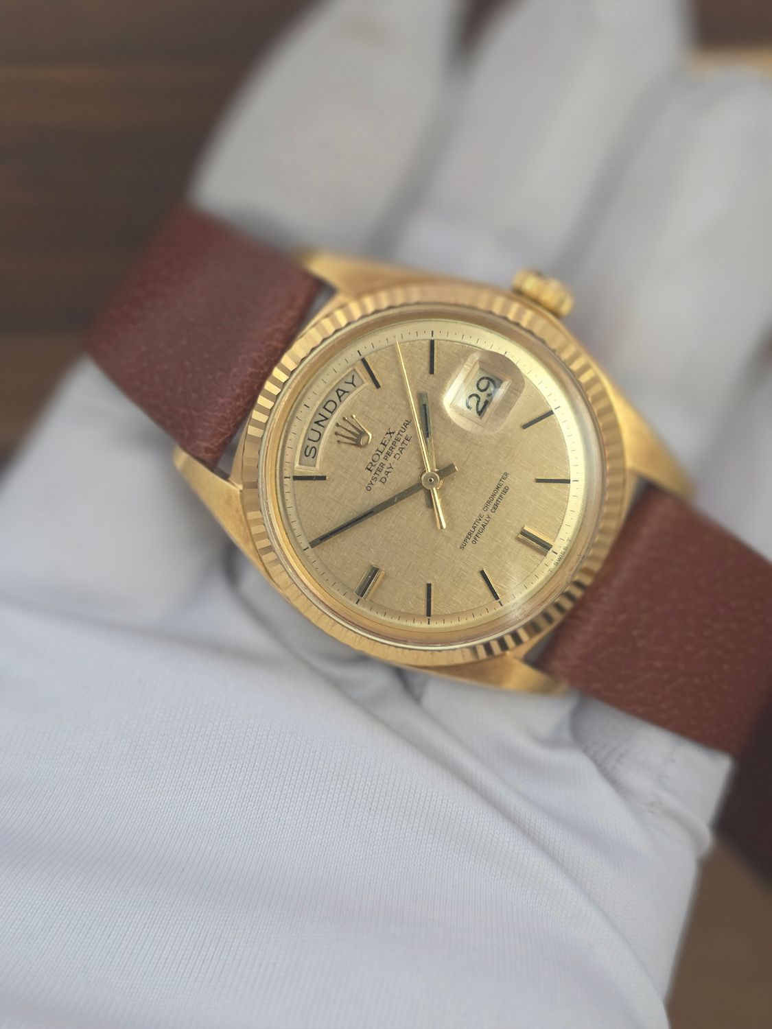 Rolex DayDate 1803 36mm, 18K Gold, Linen Dial, Circa 1972 Box &amp; Booklets