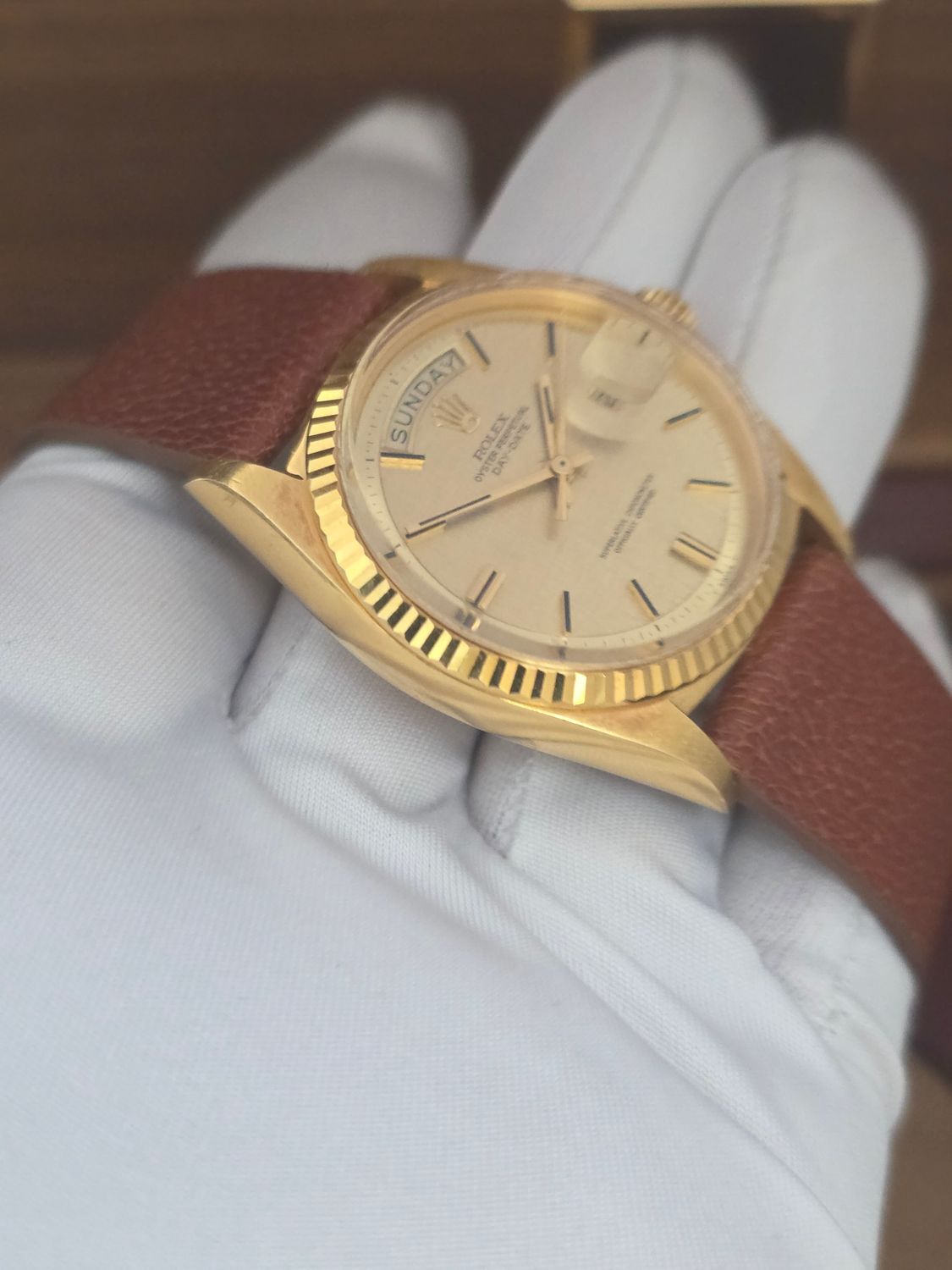 Rolex DayDate 1803 36mm, 18K Gold, Linen Dial, Circa 1972 Box &amp; Booklets