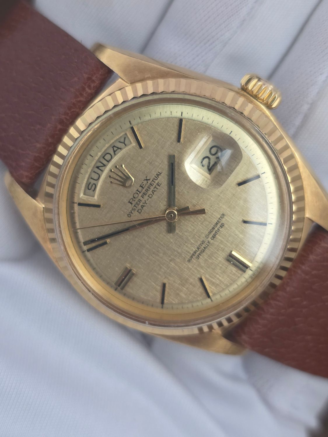Rolex DayDate 1803 36mm, 18K Gold, Linen Dial, Circa 1972 Box &amp; Booklets