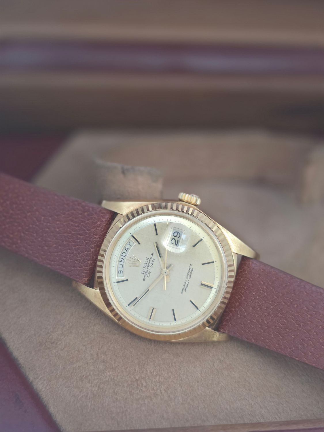 Rolex DayDate 1803 36mm, 18K Gold, Linen Dial, Circa 1972 Box &amp; Booklets