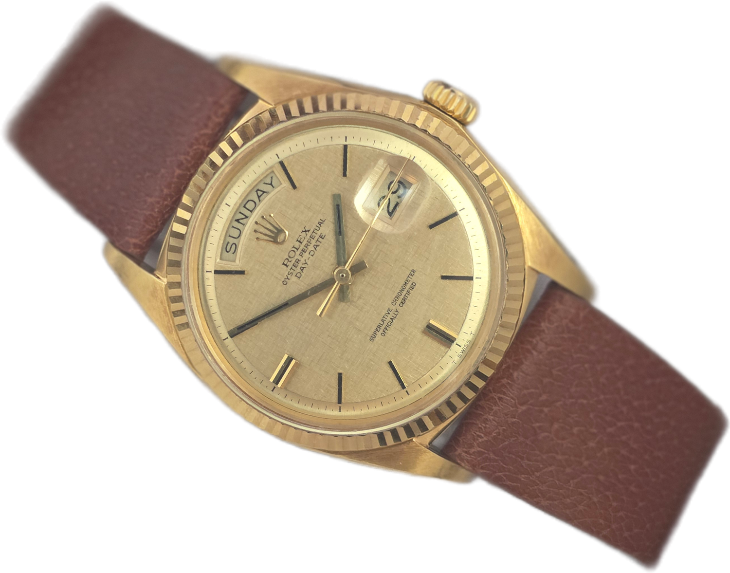 Rolex DayDate 1803 36mm, 18K Gold, Linen Dial, Circa 1972 Box &amp; Booklets