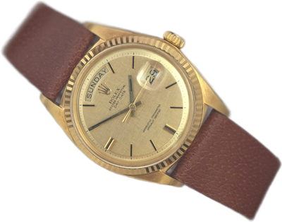 Rolex DayDate 1803 36mm, 18K Gold, Linen Dial, Circa 1972 Box & Booklets Rolex DayDate 1803 36mm, 18K Gold, Linen Dial, Circa 1972 Box & Booklets
