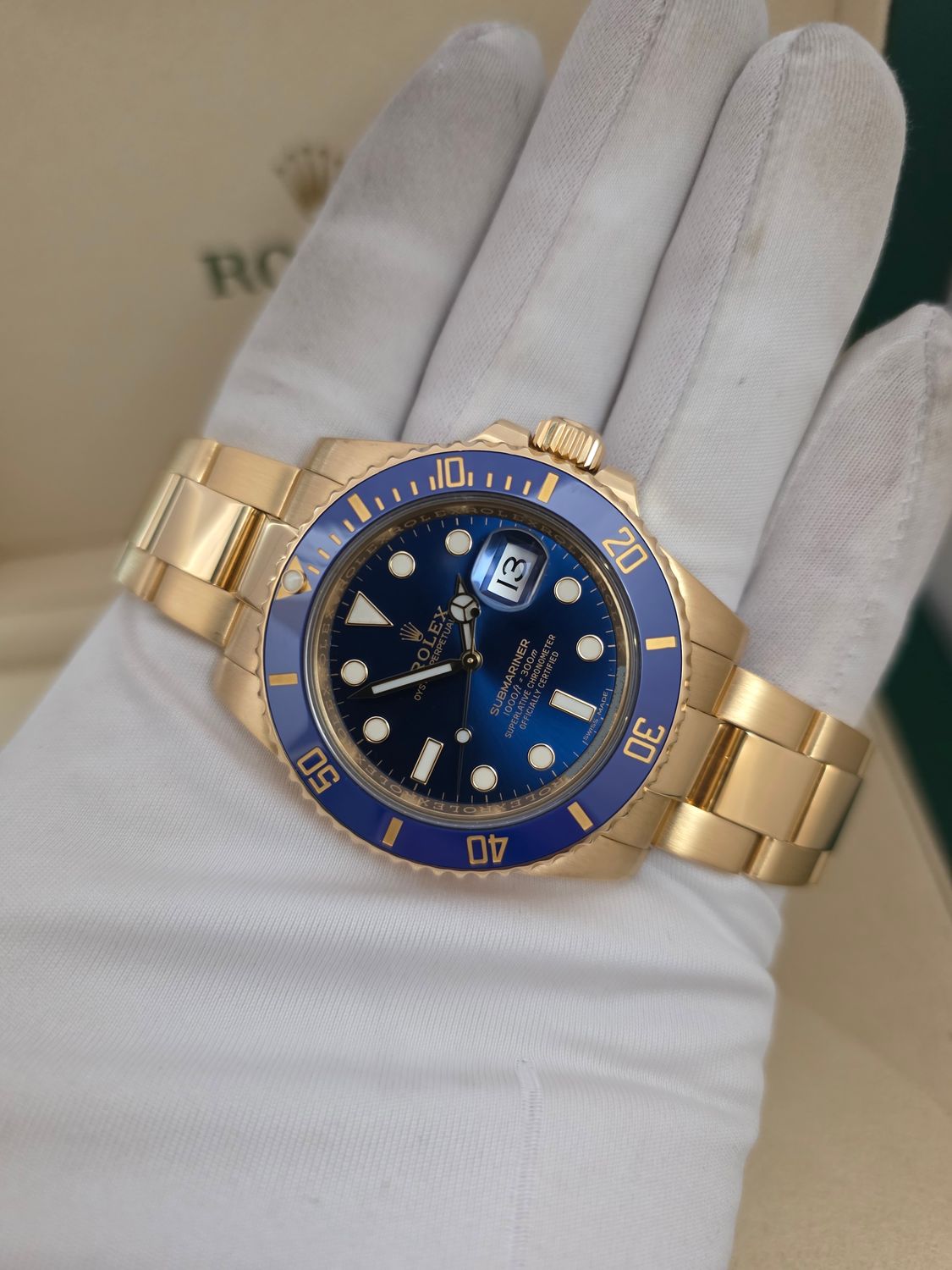 Rolex Submariner Date 116618LB, 18K Gold Bluesy 2017 Box &amp; Papers, Excellent Condition